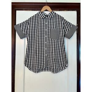 Handmade Black and White Gingham Button Up Short Sleeve Shirt - Size Medium